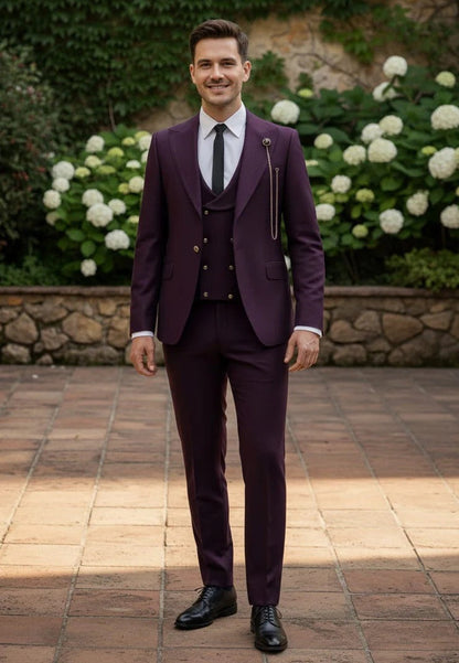 Mens Giovanni Testi Eggplant 3 Piece Suit – Slim Fit 1 Button Peak Lapel Formal Tuxedo Suit