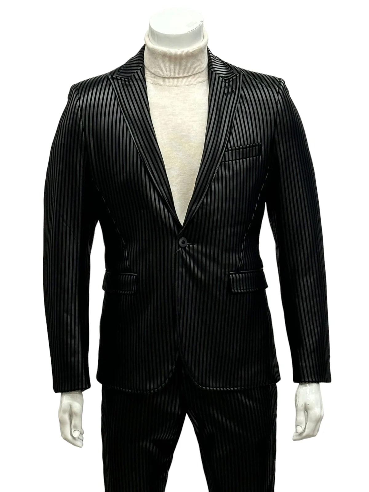 Mens One Button Side Vent Peak Lapel Suit Black