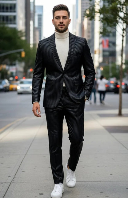 Mens One Button Side Vent Peak Lapel Suit Black