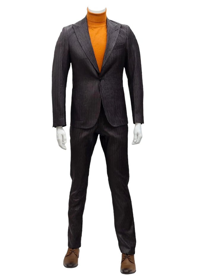 Mens Slim Fit One Button Peak Lapel Suit Brown