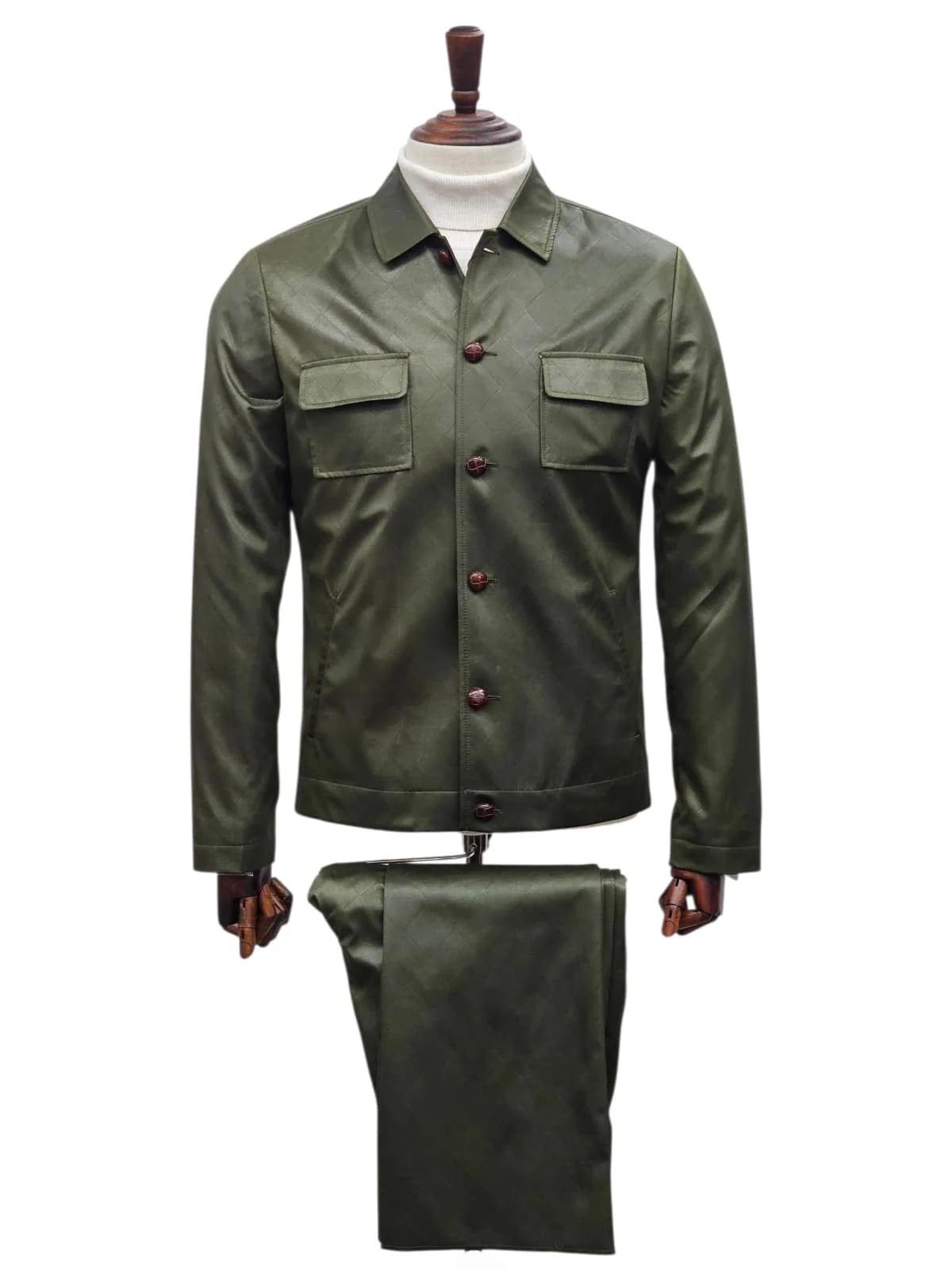 Mens Two Piece Slim Fit Faux Leather Casual Suit Olive
