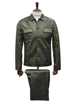 Mens Two Piece Slim Fit Faux Leather Casual Suit Olive