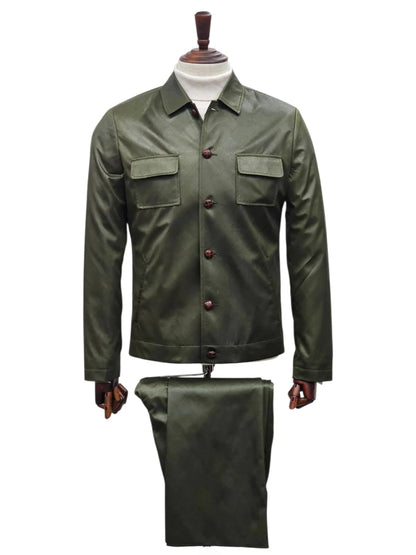 Mens Two Piece Slim Fit Faux Leather Casual Suit Olive