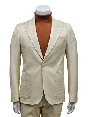 Mens One Button Peak Lapel Basket Weave Pattern Slim Fit Suit Ivory