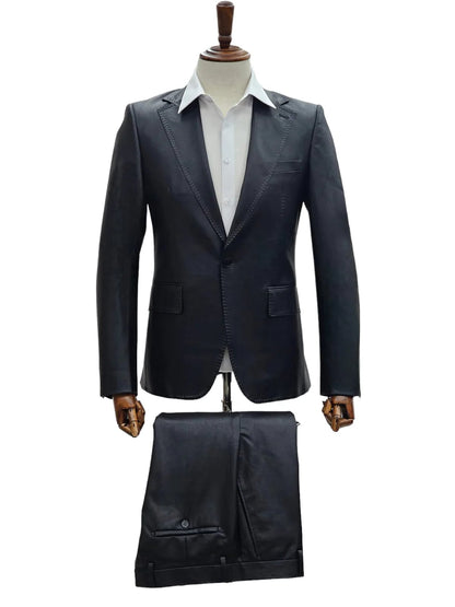 Mens 1 Button Slim Fit Leather Suit Black