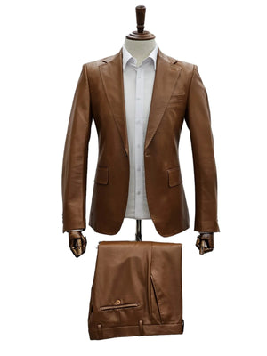 Mens 1 Button Slim Fit Leather Suit Caramel