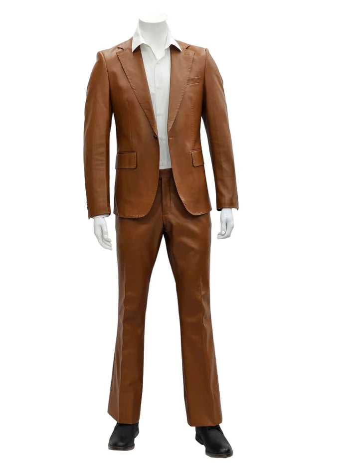 Mens 1 Button Slim Fit Leather Suit Caramel