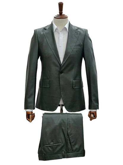 Mens 1 Button Slim Fit Leather Suit Olive