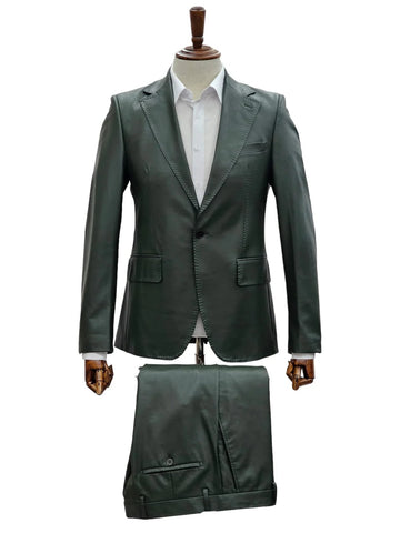 Mens 1 Button Slim Fit Leather Suit Olive