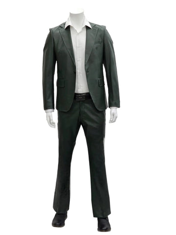 Mens 1 Button Slim Fit Leather Suit Olive