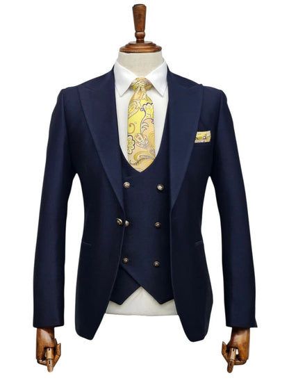 Giovanni Testi Navy Blue 3 Piece Suit – Slim Fit 1 Button Peak Lapel with Double Breasted Vest