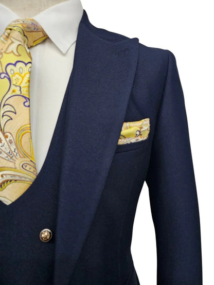 Giovanni Testi Navy Blue 3 Piece Suit – Slim Fit 1 Button Peak Lapel with Double Breasted Vest