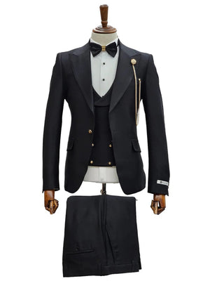 Mens Giovanni Testi Black Slim Fit 3 Piece Suit –1 Button Peak Lapel, Double Breasted Vest, Modern Center Vent