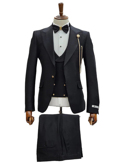 Mens Giovanni Testi Black Slim Fit 3 Piece Suit –1 Button Peak Lapel, Double Breasted Vest, Modern Center Vent