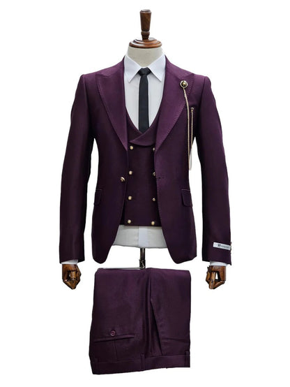 Mens Giovanni Testi Eggplant 3 Piece Suit – Slim Fit 1 Button Peak Lapel Formal Tuxedo Suit