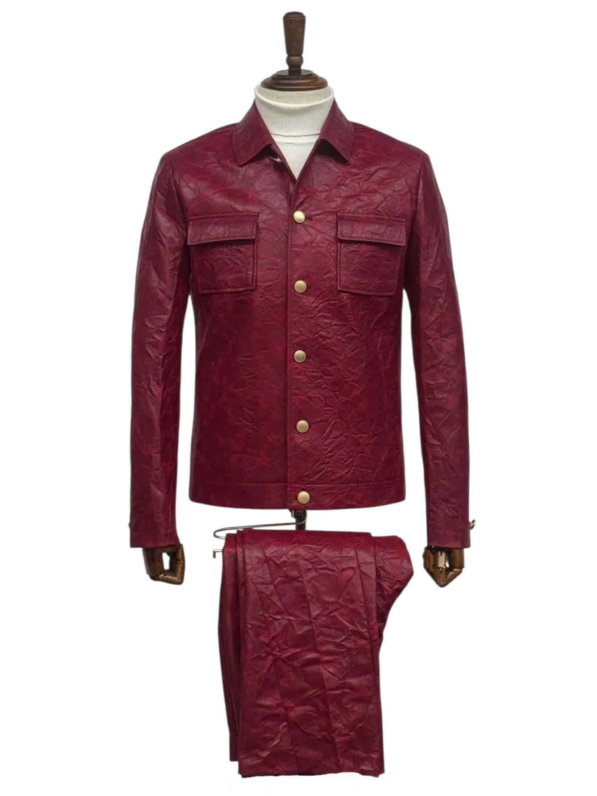 Two Piece Slim Fit Faux Leather Casual Suit Burgundy