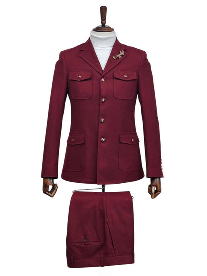 Mens Giovanni Testi 2 Piece Burgundy Suit – Slim Fit 4 Button Blazer with Notch Lapel & Flap Pockets