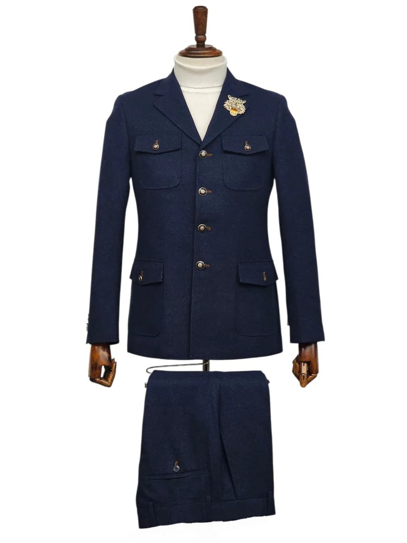 Mens Giovanni Testi 2 Piece Slim Fit Suit in Dark Blue – Classic 4 Button Notch Lapel Dress Suit