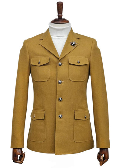 Mens Giovanni Testi Slim Fit 2 Piece Suit Mustard – 4 Button Notch Lapel & Flap Pockets