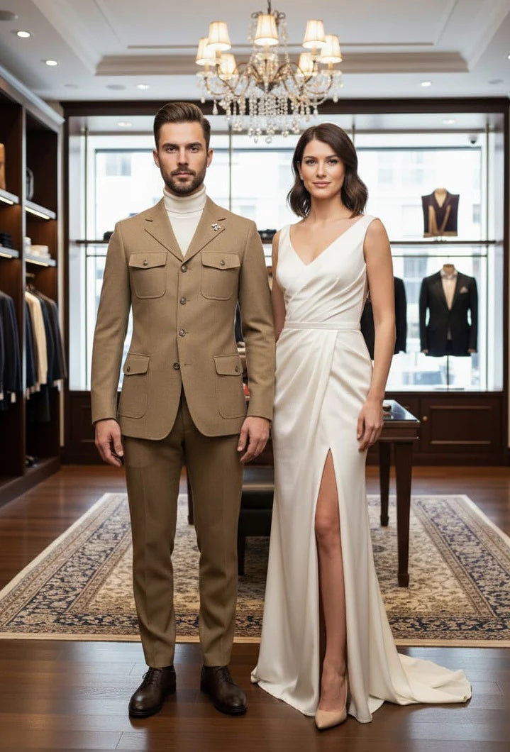 Mens Giovanni Testi Beige 2-Piece Suit – Slim Fit 4-Button Blazer with Patch Pockets