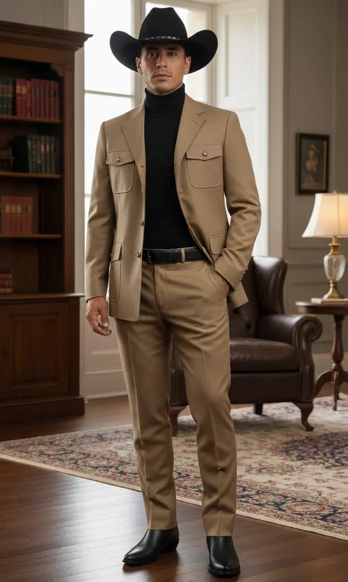 Mens Giovanni Testi Beige 2-Piece Suit – Slim Fit 4-Button Blazer with Patch Pockets