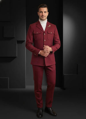Mens Giovanni Testi 2 Piece Burgundy Suit – Slim Fit 4 Button Blazer with Notch Lapel & Flap Pockets