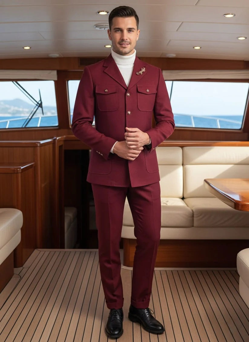 Mens Giovanni Testi 2 Piece Burgundy Suit – Slim Fit 4 Button Blazer with Notch Lapel & Flap Pockets