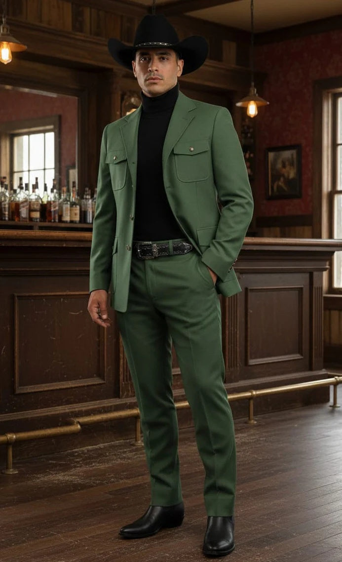 Mens Giovanni Testi Slim Fit Green Suit – 2 Piece 4 Button Formal Suit with Notch Lapel