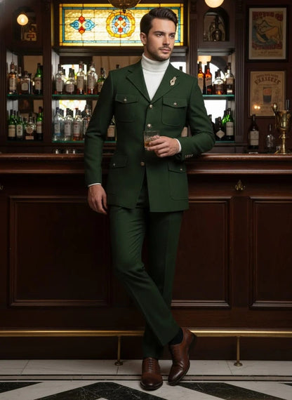 Mens Giovanni Testi Slim Fit Green Suit – 2 Piece 4 Button Formal Suit with Notch Lapel