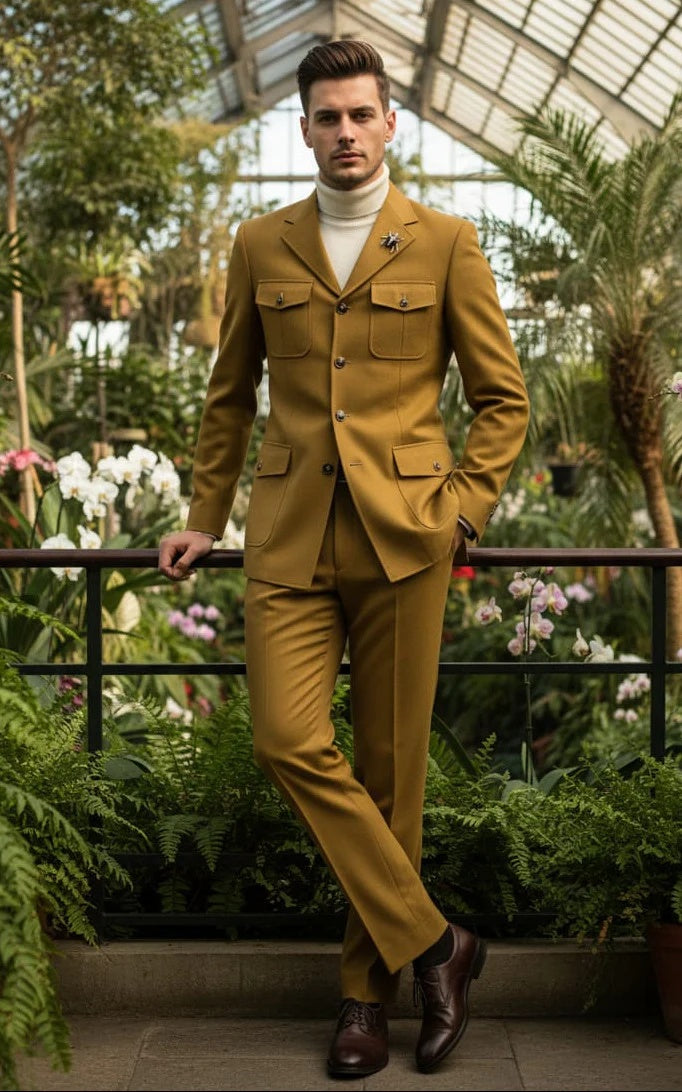 Mens Giovanni Testi Slim Fit 2 Piece Suit Mustard – 4 Button Notch Lapel & Flap Pockets