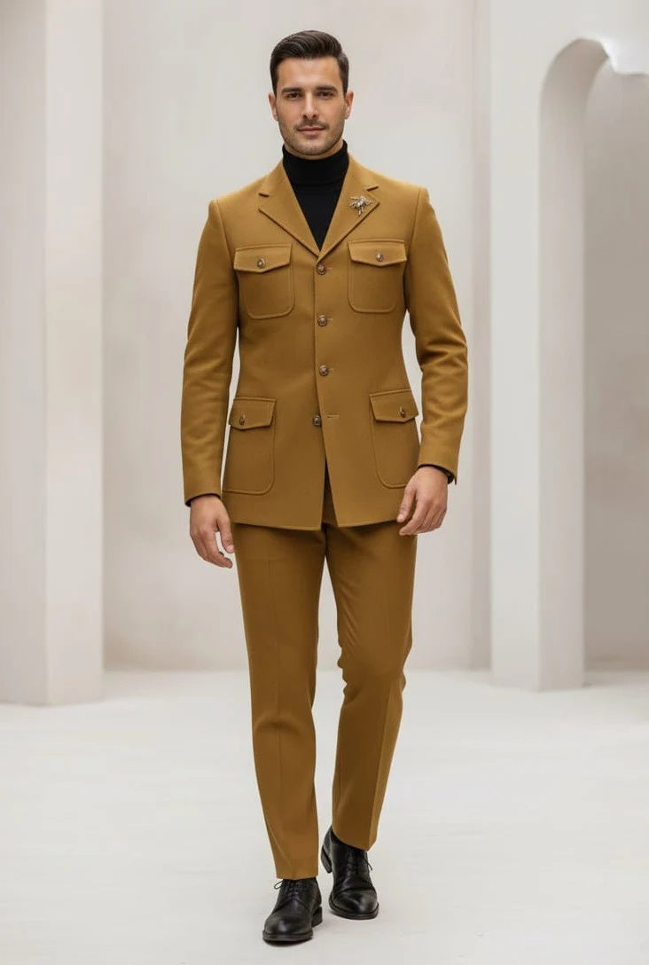Mens Giovanni Testi Slim Fit 2 Piece Suit Mustard – 4 Button Notch Lapel & Flap Pockets