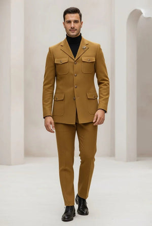 Mens Giovanni Testi Slim Fit 2 Piece Suit Mustard – 4 Button Notch Lapel & Flap Pockets