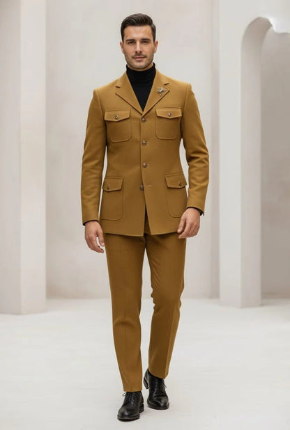 Mens Giovanni Testi Slim Fit 2 Piece Suit Mustard – 4 Button Notch Lapel & Flap Pockets