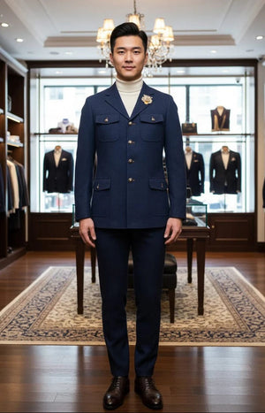 Mens Giovanni Testi 2 Piece Slim Fit Suit in Dark Blue – Classic 4 Button Notch Lapel Dress Suit