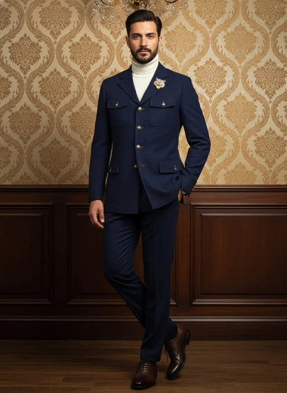 Mens Giovanni Testi 2 Piece Slim Fit Suit in Dark Blue – Classic 4 Button Notch Lapel Dress Suit