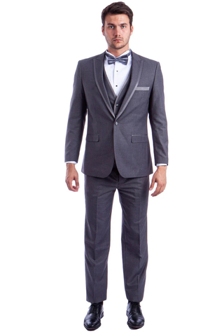 Mens Gray Tuxedo - Grey Wedding Suit-Mens One Button Peak Wedding Tuxedo With Satin Trim In Grey