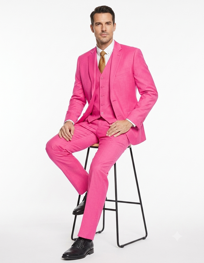 Men's 2 Button 3 Piece Vested Modern Fit Suits Flat Front Pants Suit in Fuschia