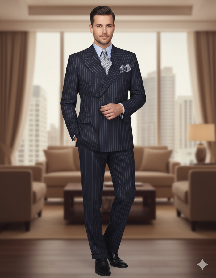 High Quality Dark Navy Blue Suits For Men & Chalk Bold White Pinstripe Double Breasted Suit 100% poly-ray