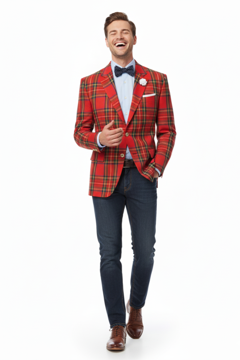 Holiday Blazer - Christmas Sport Coat - Red Christmas Fabric Plaid Blazer By Alebrtonardoni