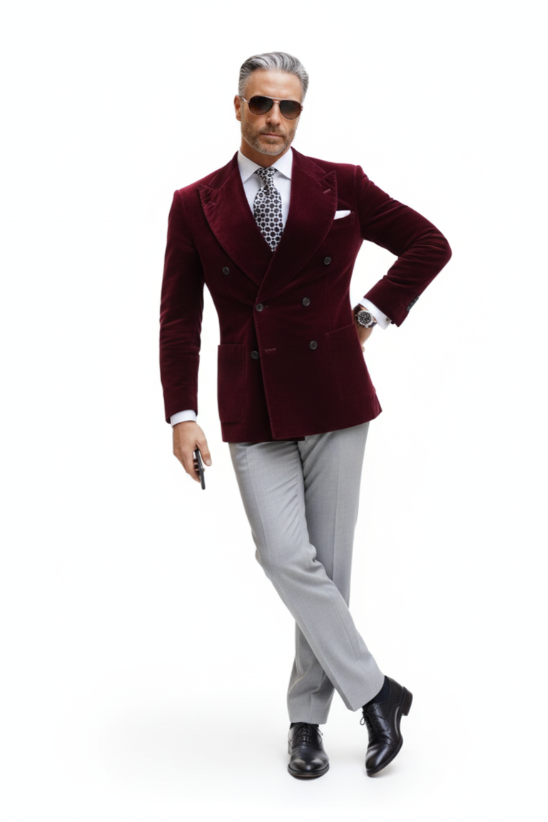 Mens Double Breasted Six Button Velvet Blazer - Burgundy Blazer