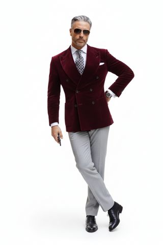 Mens Double Breasted Six Button Velvet Blazer - Burgundy Blazer