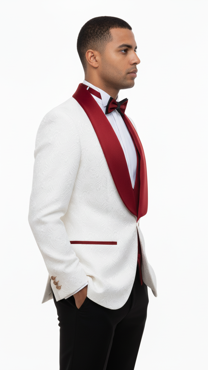 Mens Groom Wedding Shawl Collar - Paisley Red Velvet 4pc Suit W/ Matching Bowtie
