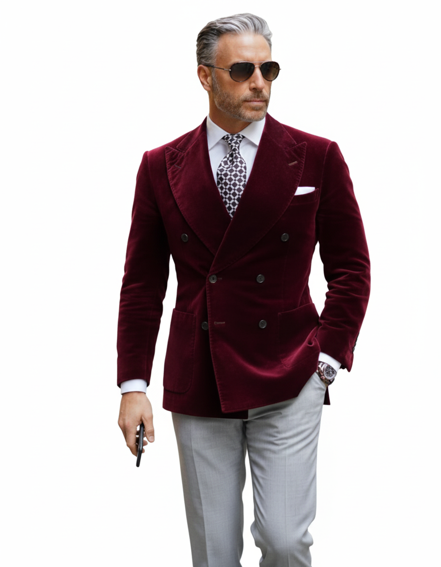Mens Double Breasted Six Button Velvet Blazer - Burgundy Blazer