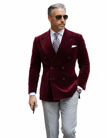 Mens Double Breasted Six Button Velvet Blazer - Burgundy Blazer
