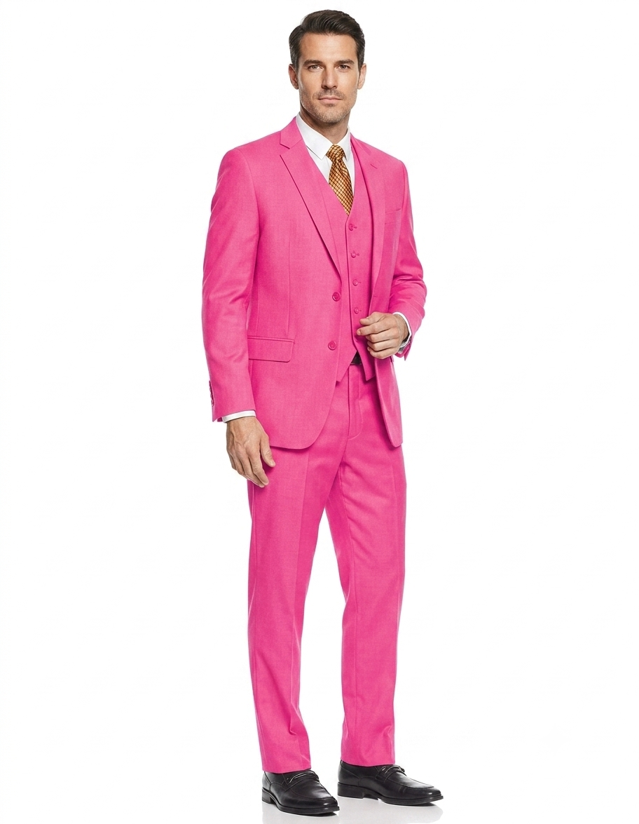 Men's 2 Button 3 Piece Vested Modern Fit Suits Flat Front Pants Suit in Fuschia