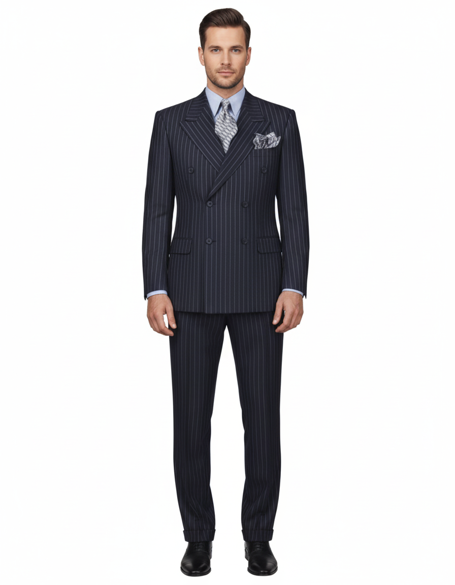 High Quality Dark Navy Blue Suits For Men & Chalk Bold White Pinstripe Double Breasted Suit 100% poly-ray