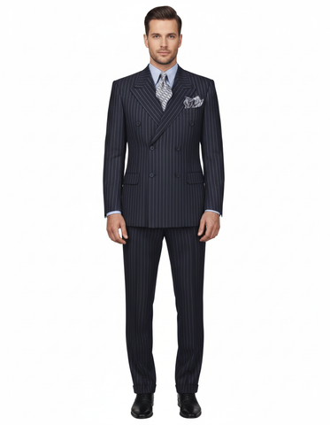 High Quality Dark Navy Blue Suits For Men & Chalk Bold White Pinstripe Double Breasted Suit 100% poly-ray