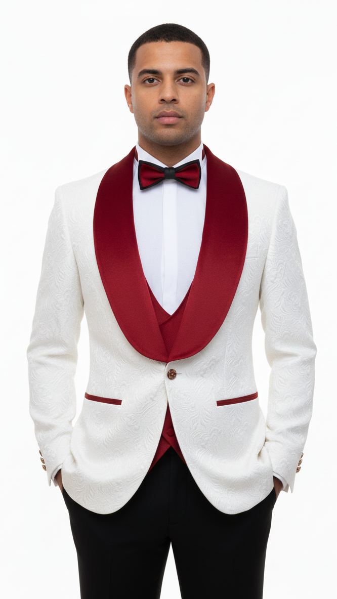 Mens Groom Wedding Shawl Collar - Paisley Red Velvet 4pc Suit W/ Matching Bowtie