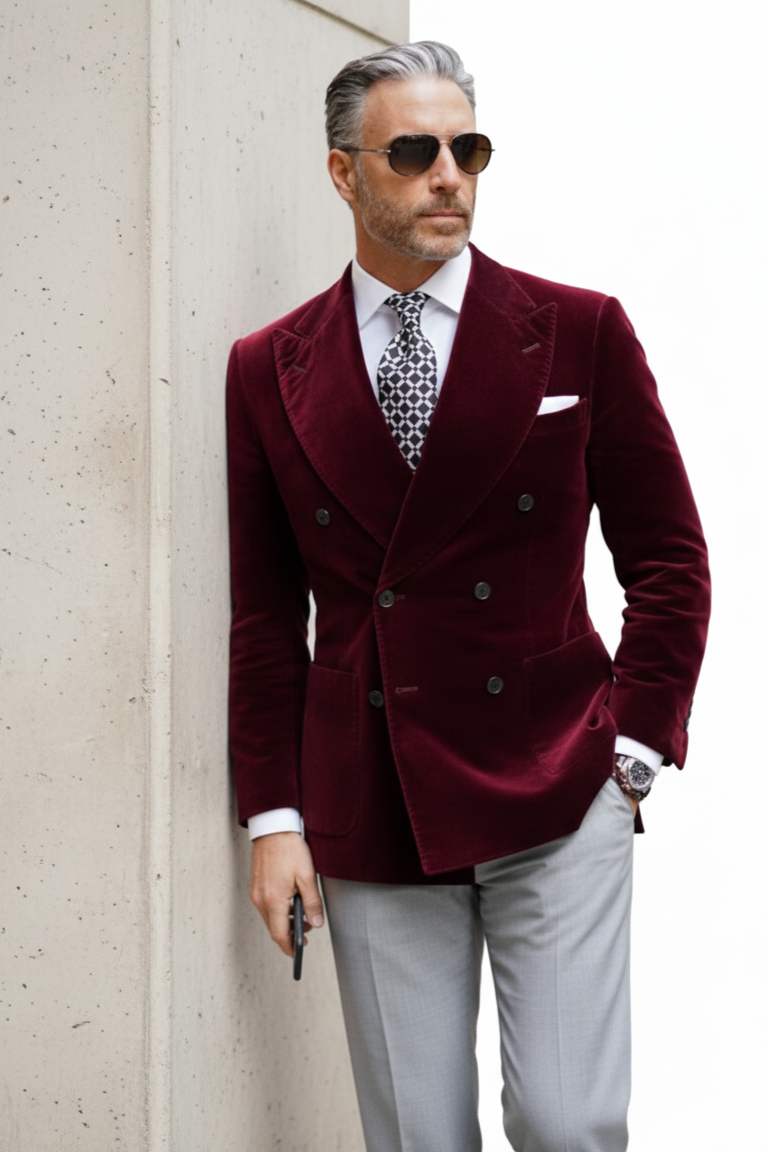 Mens Double Breasted Six Button Velvet Blazer - Burgundy Blazer