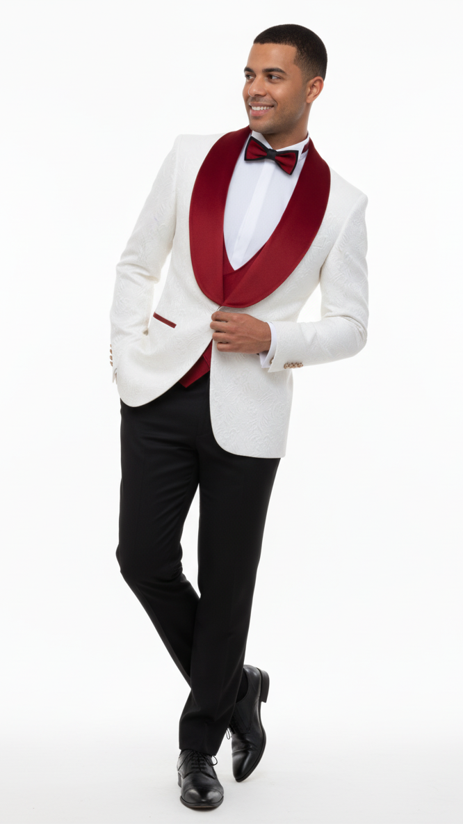Mens Groom Wedding Shawl Collar - Paisley Red Velvet 4pc Suit W/ Matching Bowtie
